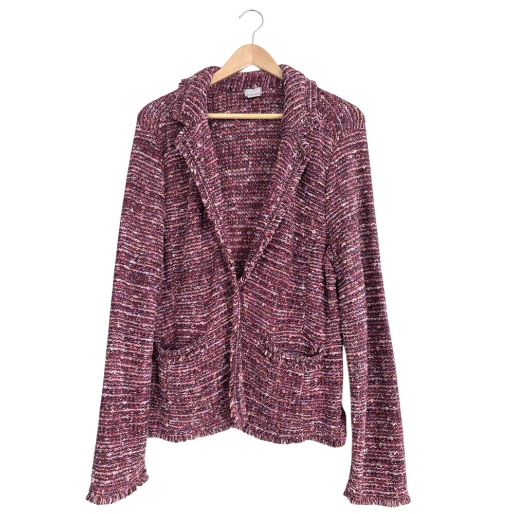 Chico's Fringe Knit Tweed Blazer Cardigan Sweater Jacket Berry Pink Office